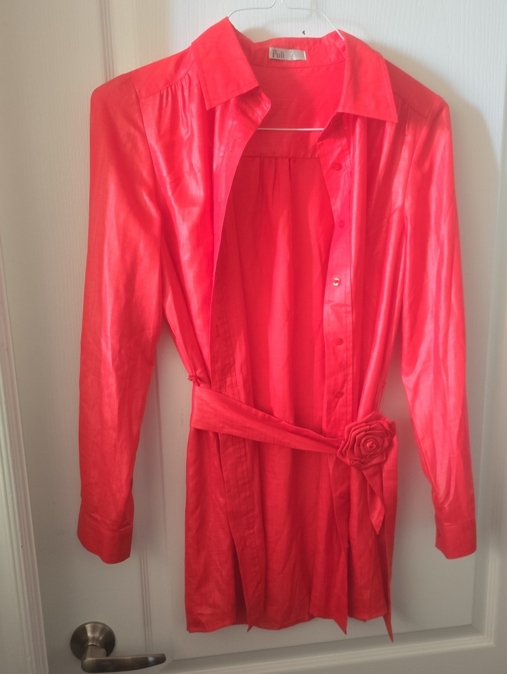 Puli Vivid Orange Long-Sleeve Button Front Blouse with Tie Belt. Medium Size.